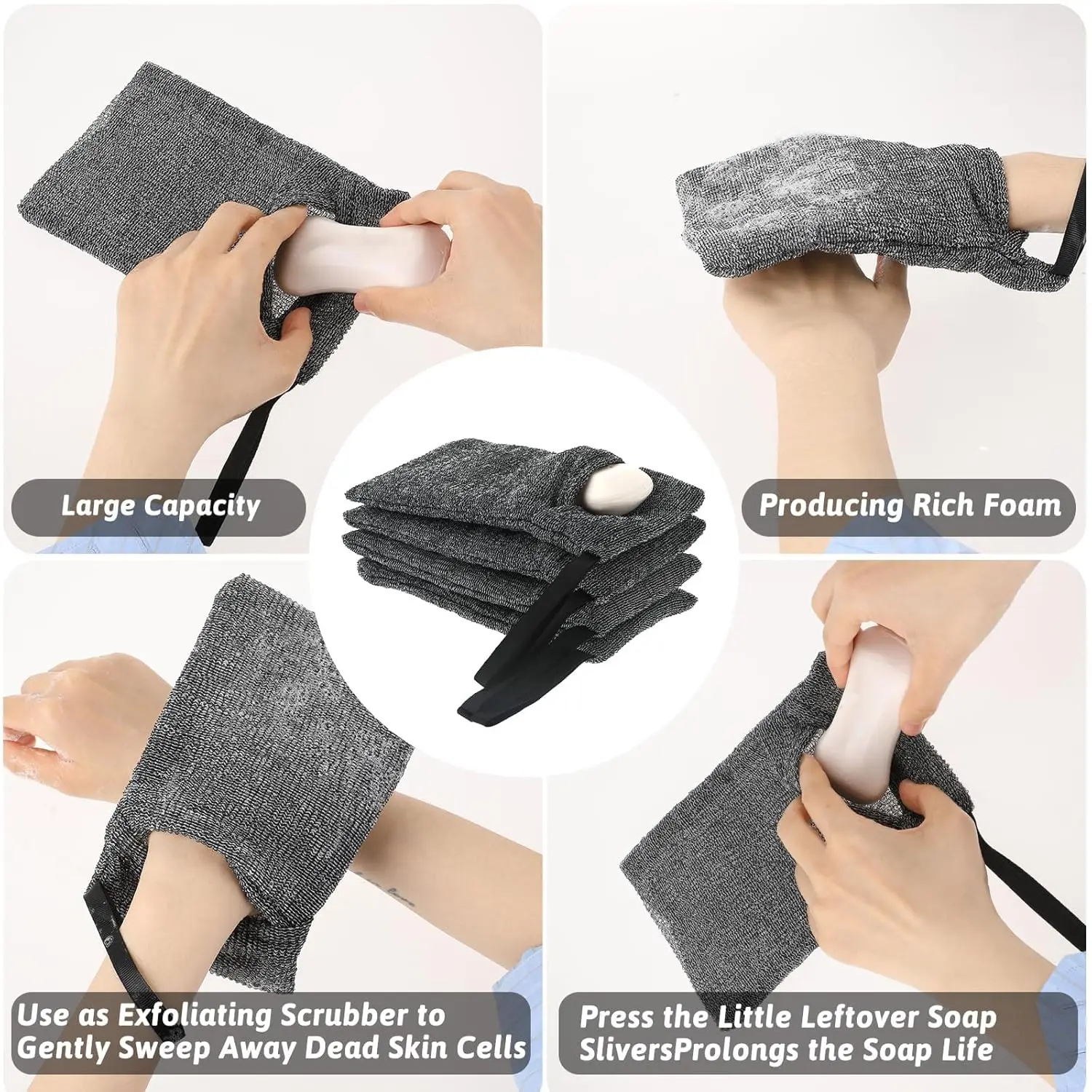 A four-pack of nylon mesh soap saver bags in different colors, designed for exfoliating and creating a rich lather with bar soap in the bath or shower, displayed against a white background.