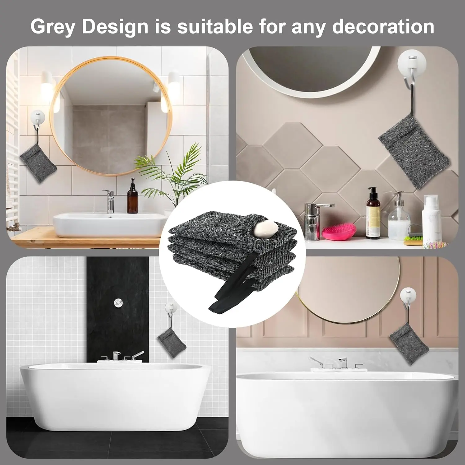 A four-pack of nylon mesh soap saver bags in different colors, designed for exfoliating and creating a rich lather with bar soap in the bath or shower, displayed against a white background.