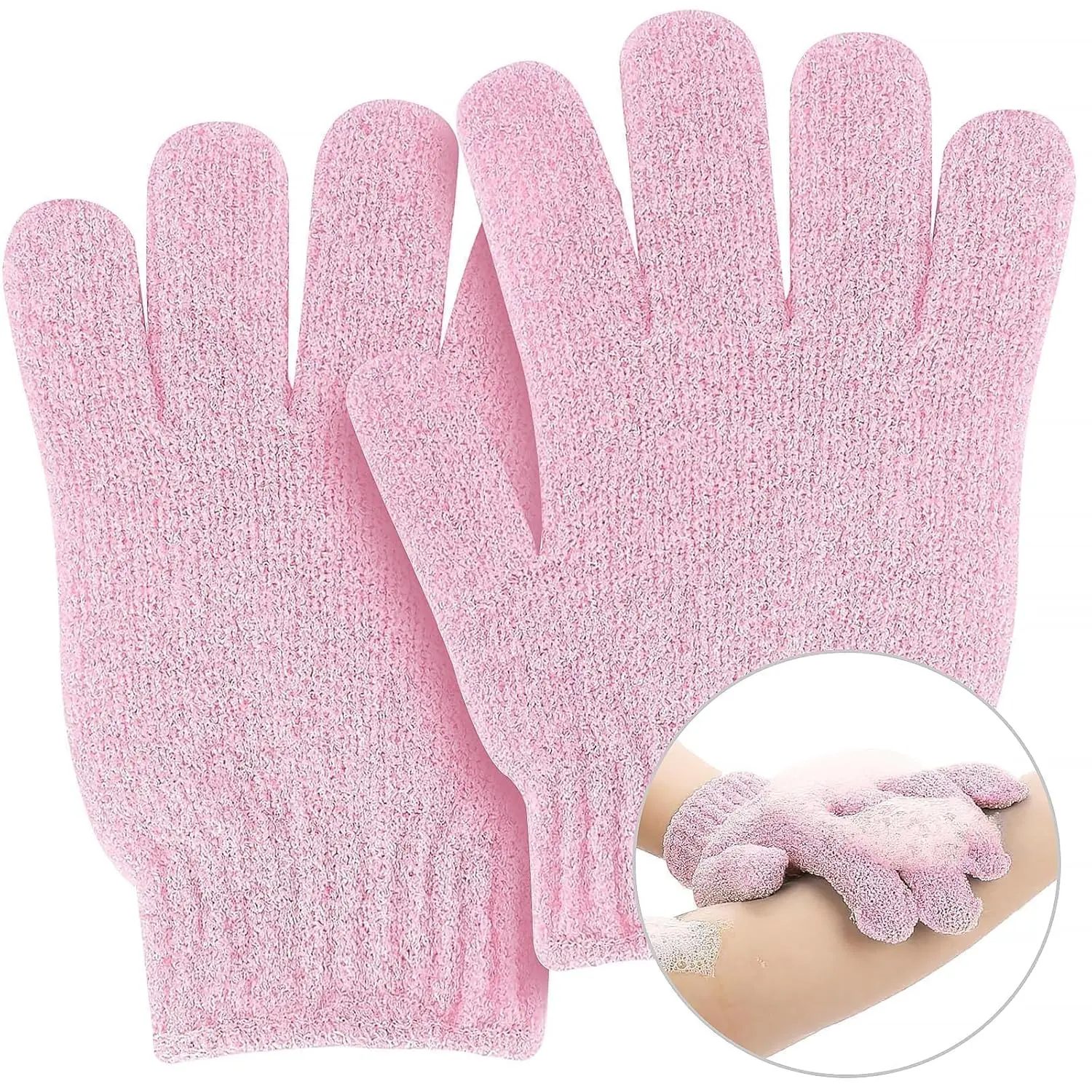 Pink and blue exfoliating bath gloves and sponges for deep cleansing and removing dead skin are displayed in this product image.