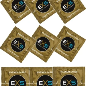 A bulk pack of 144 EXS Magnum condoms, larger fitting and made from high quality, crystal clear natural latex, providing a comfortable fit without any unpleasant latex smell and used by the NHS.