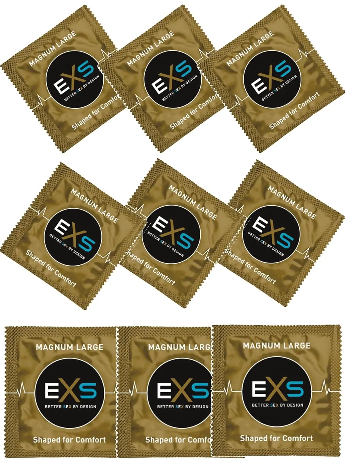 A bulk pack of 144 EXS Magnum condoms, larger fitting and made from high quality, crystal clear natural latex, providing a comfortable fit without any unpleasant latex smell and used by the NHS.