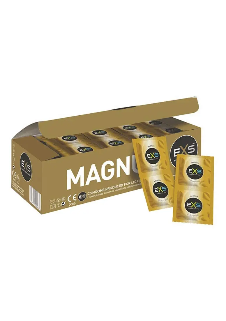A bulk pack of 144 EXS Magnum condoms, larger fitting and made from high quality, crystal clear natural latex, providing a comfortable fit without any unpleasant latex smell and used by the NHS.