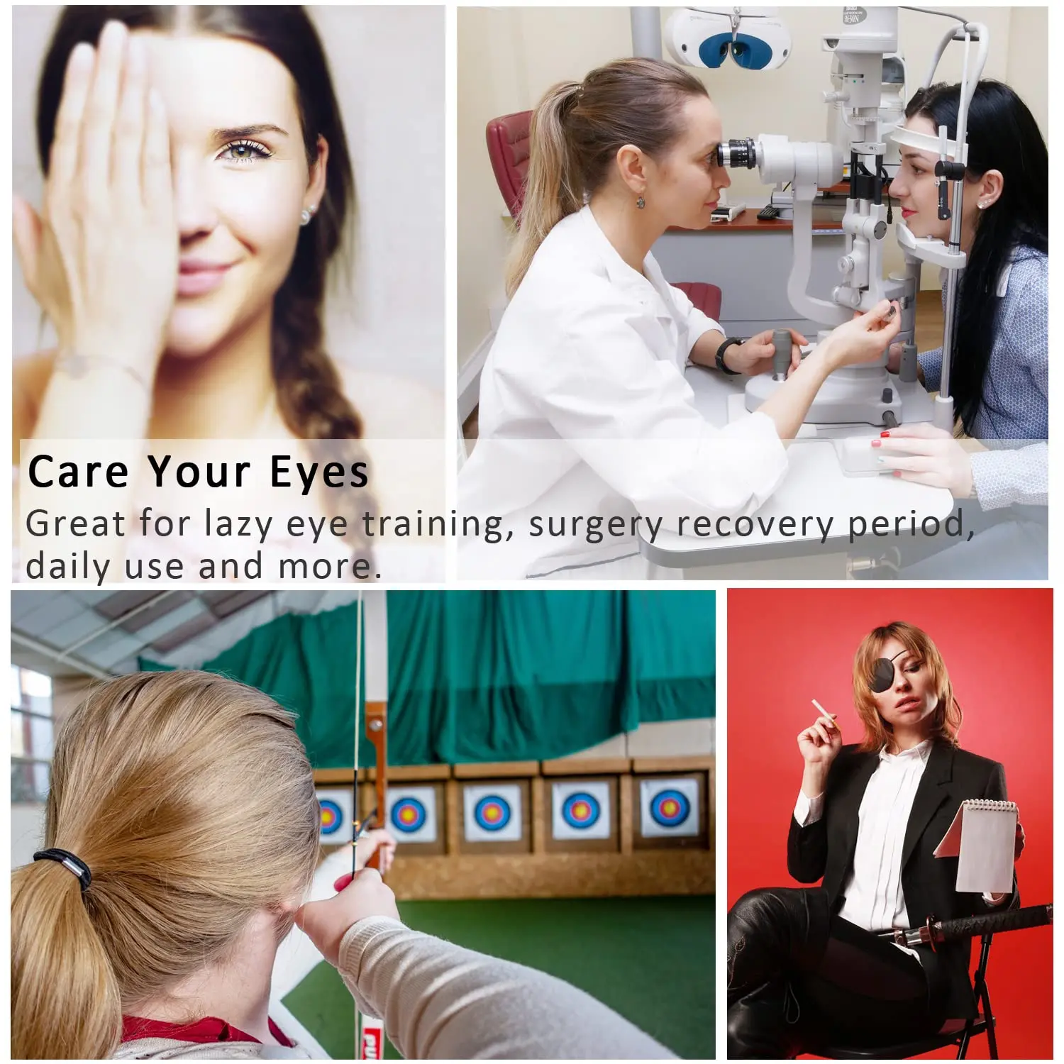 This black adjustable medical eye patch is designed for amblyopia and lazy eye treatment and can be used on either the left or right eye.