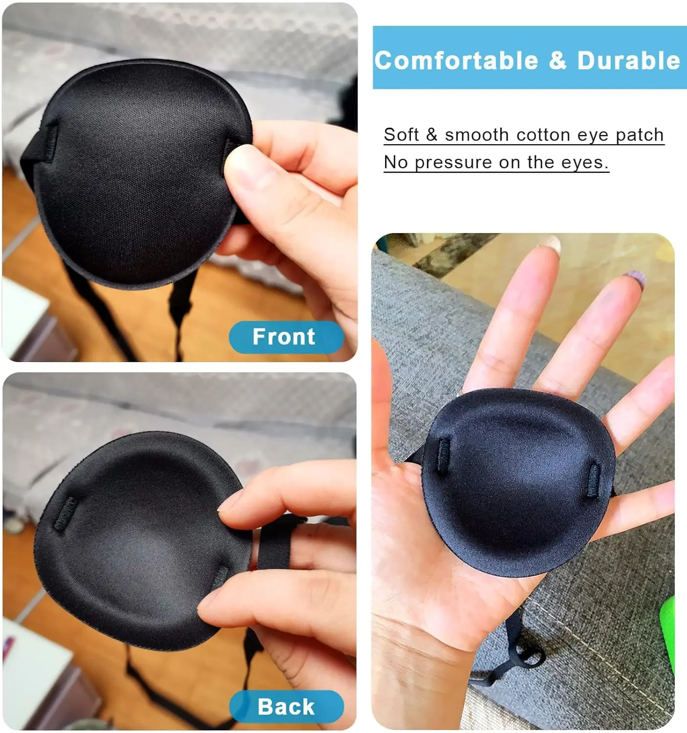 This black adjustable medical eye patch is designed for amblyopia and lazy eye treatment and can be used on either the left or right eye.