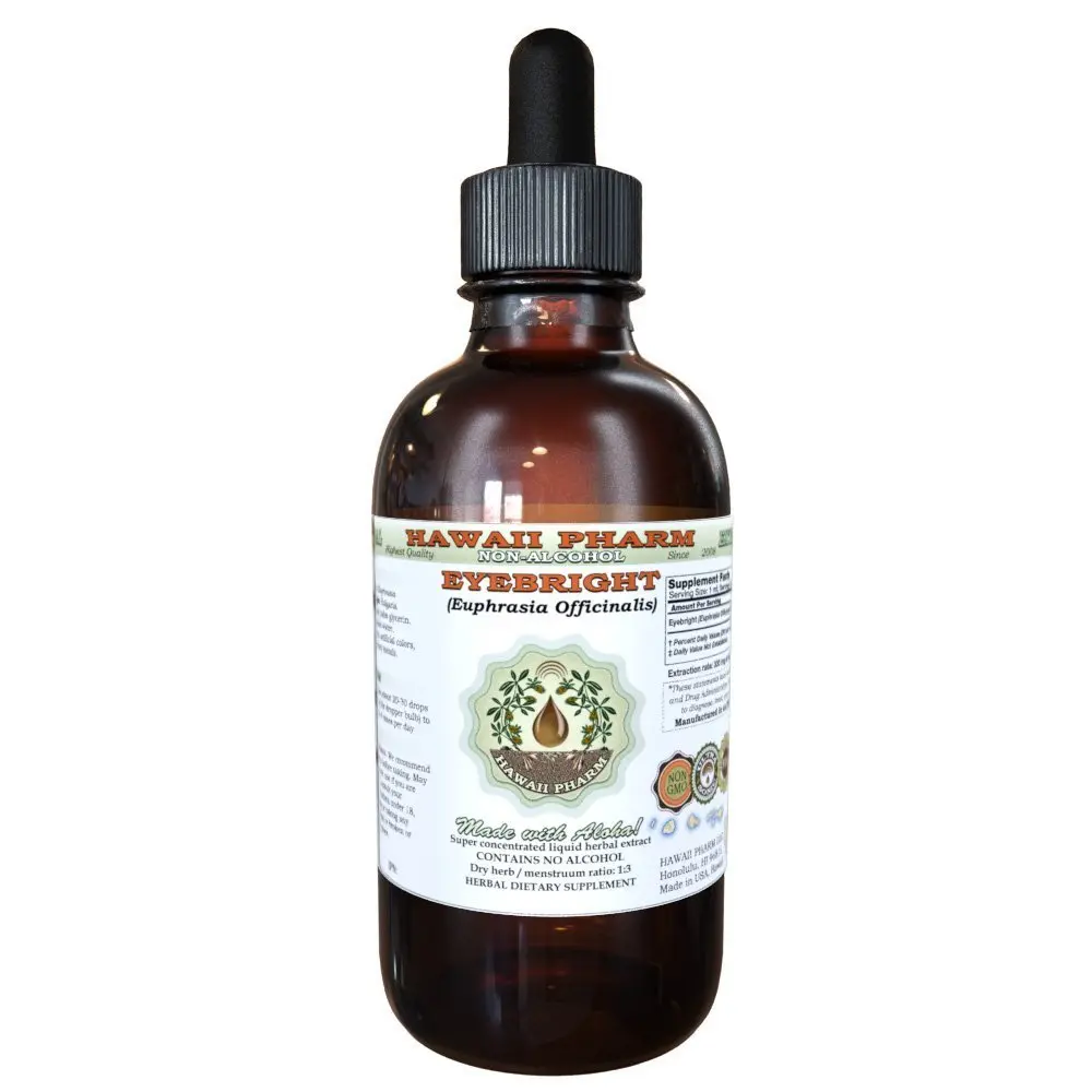 A bottle of Hawaii Pharm Eyebright Alcohol-FREE liquid extract, a natural herbal supplement made with organic Euphrasia officinalis, showcasing its pure, glycerin-based formula.