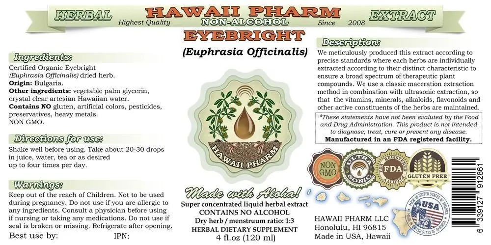 A bottle of Hawaii Pharm Eyebright Alcohol-FREE liquid extract, a natural herbal supplement made with organic Euphrasia officinalis, showcasing its pure, glycerin-based formula.