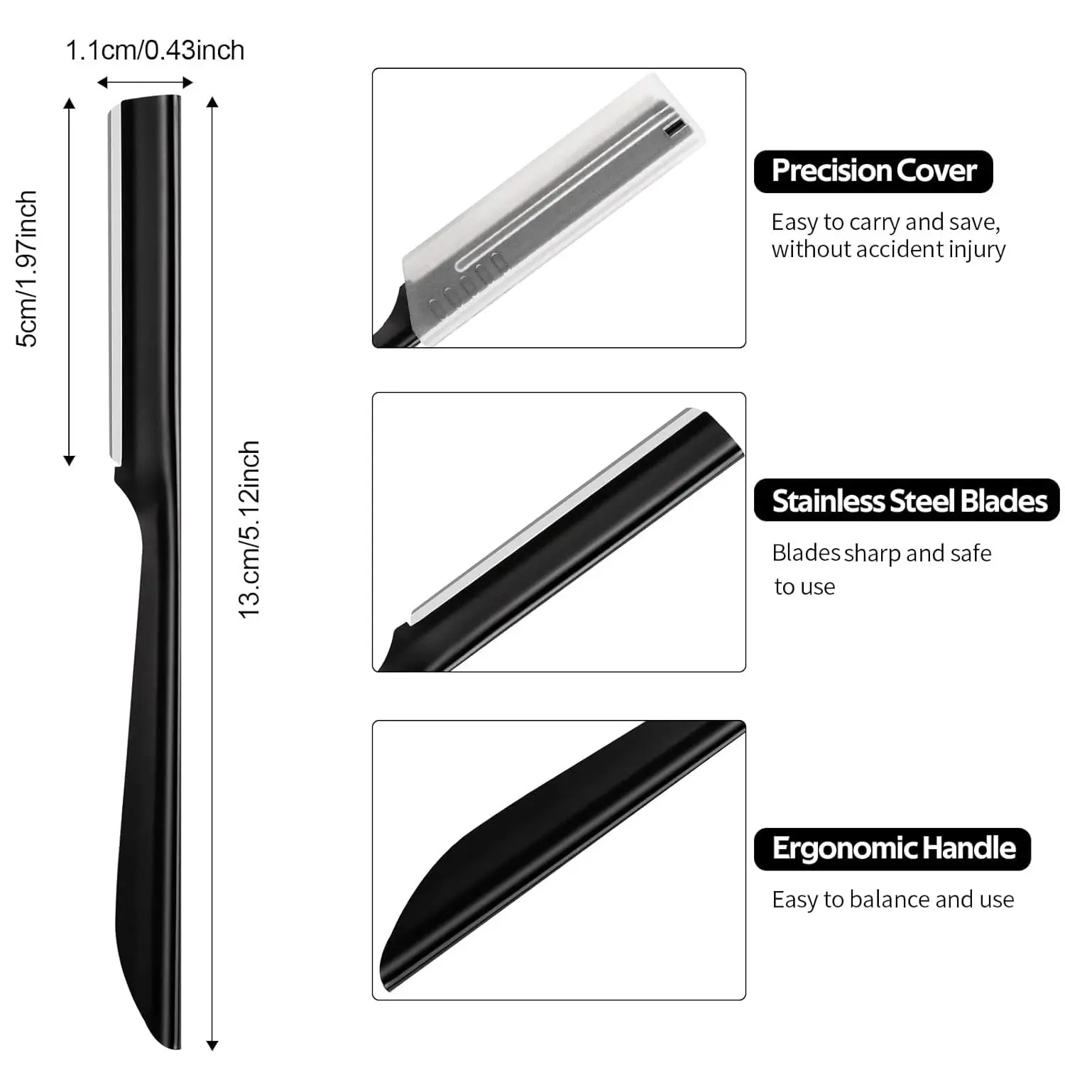This image showcases a set of 10 eyebrow razors, a dermaplaning tool for women designed to gently remove peach fuzz and exfoliate the face, leaving skin smooth.