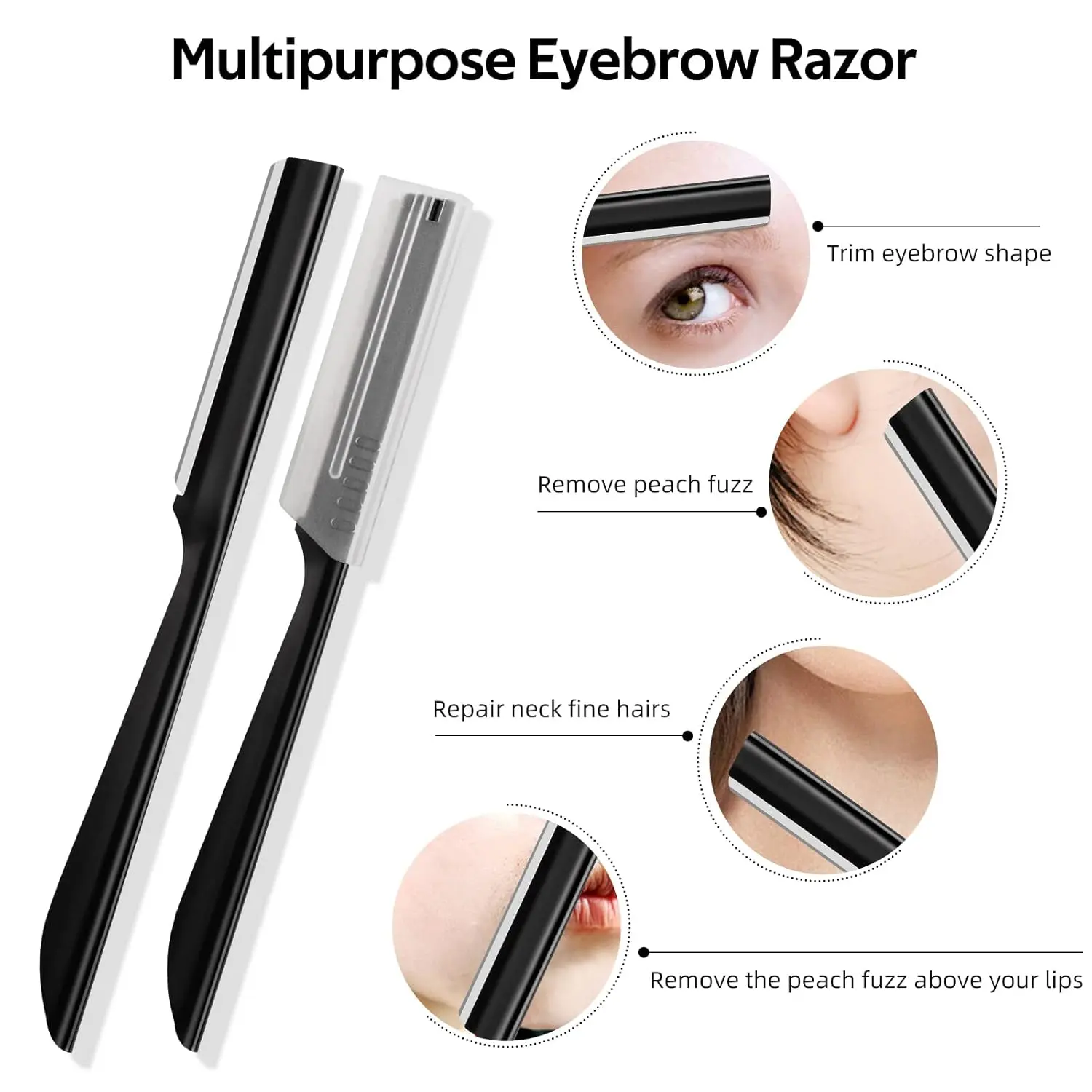 This image showcases a set of 10 eyebrow razors, a dermaplaning tool for women designed to gently remove peach fuzz and exfoliate the face, leaving skin smooth.