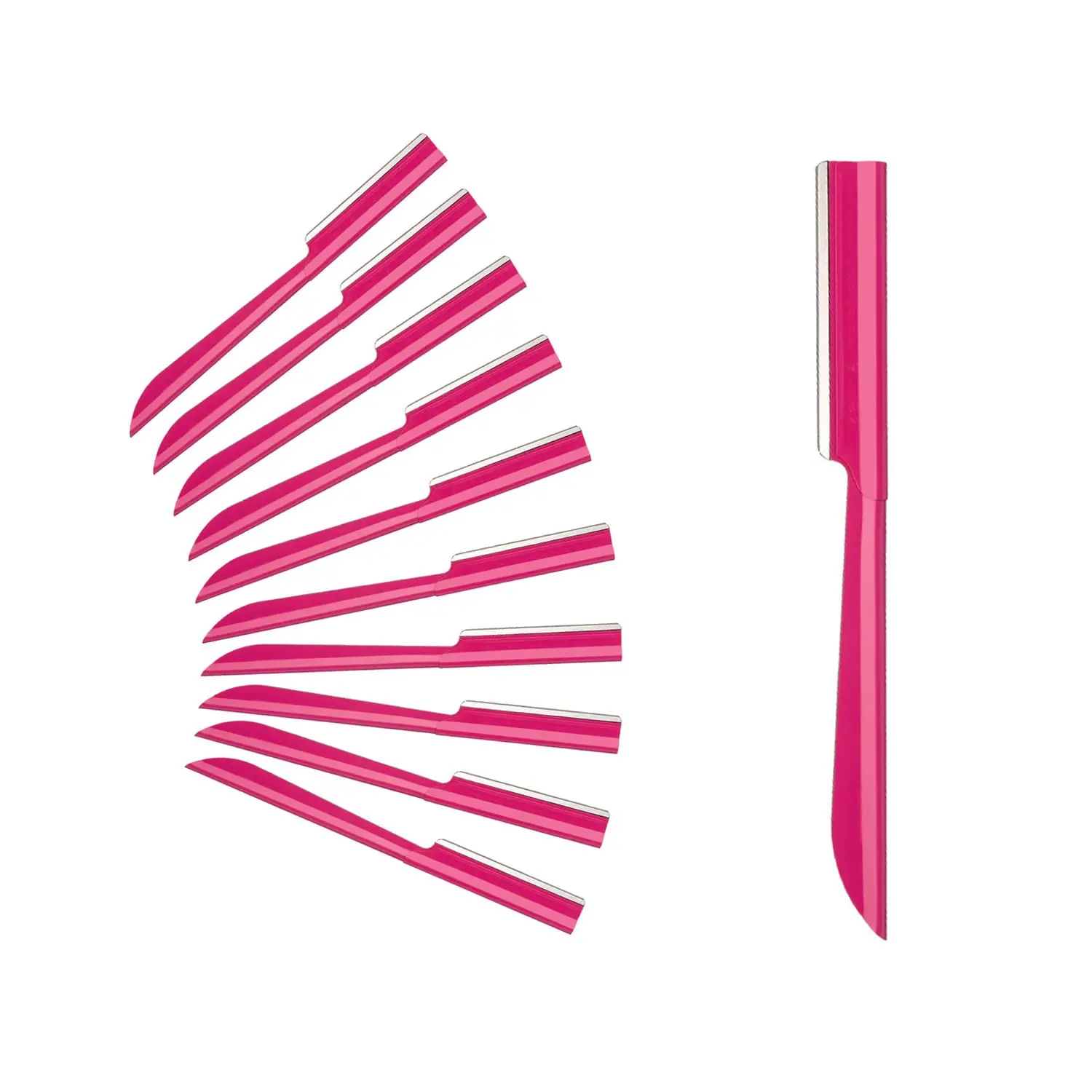 This image showcases a set of 10 eyebrow razors, a dermaplaning tool for women designed to gently remove peach fuzz and exfoliate the face, leaving skin smooth.