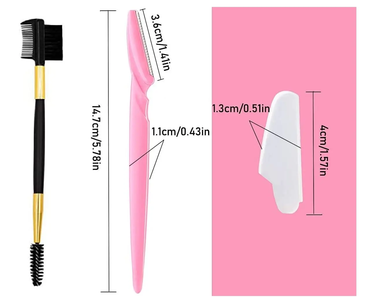 A set of 21 eyebrow razors in blue, pink, and yellow, along with an eyelash brush, for facial hair removal, dermaplaning, and eyebrow shaping, packaged in a clear plastic case.