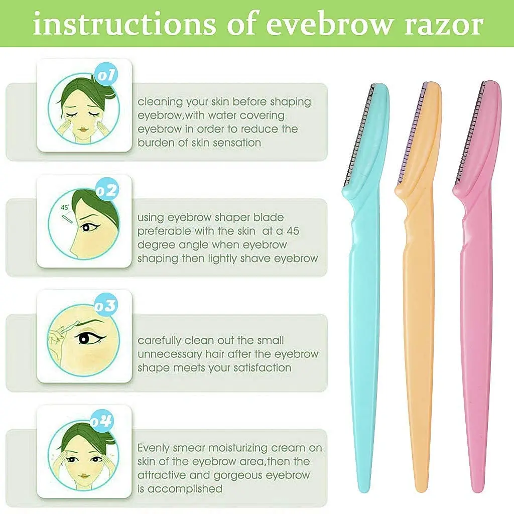 A set of 21 eyebrow razors in blue, pink, and yellow, along with an eyelash brush, for facial hair removal, dermaplaning, and eyebrow shaping, packaged in a clear plastic case.