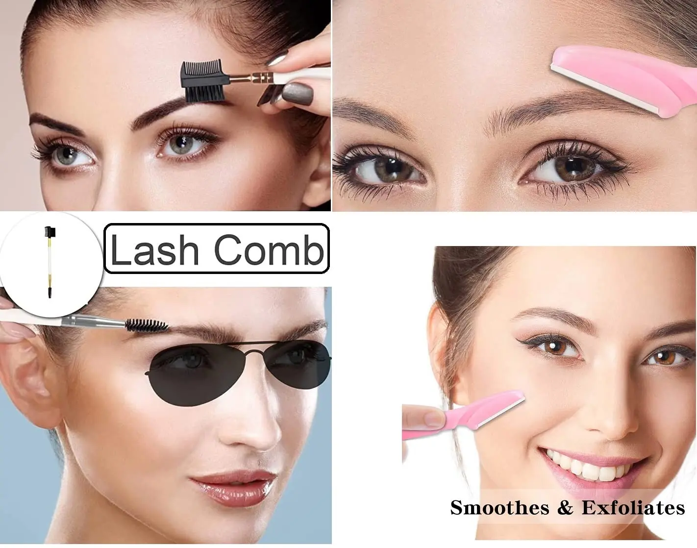 A set of 21 eyebrow razors in blue, pink, and yellow, along with an eyelash brush, for facial hair removal, dermaplaning, and eyebrow shaping, packaged in a clear plastic case.