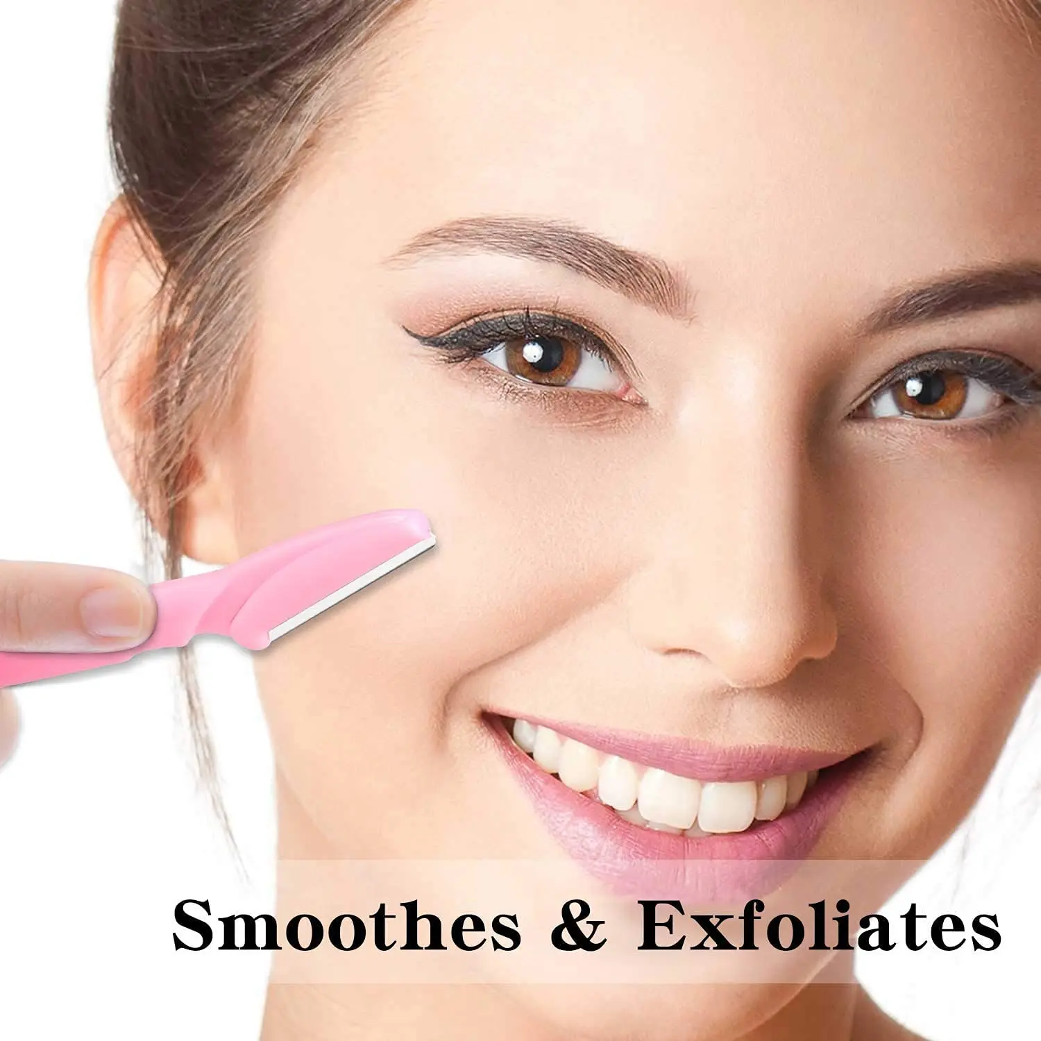 A set of 21 eyebrow razors in blue, pink, and yellow, along with an eyelash brush, for facial hair removal, dermaplaning, and eyebrow shaping, packaged in a clear plastic case.