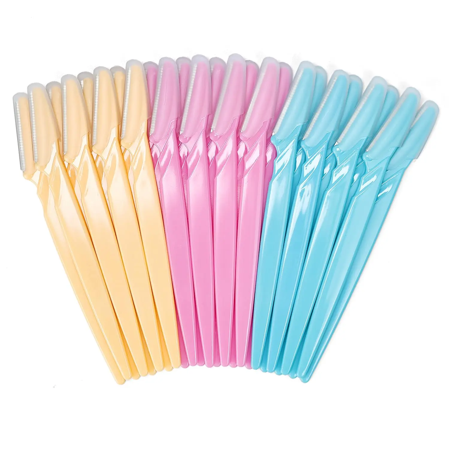 A set of 21 eyebrow razors in blue, pink, and yellow, along with an eyelash brush, for facial hair removal, dermaplaning, and eyebrow shaping, packaged in a clear plastic case.