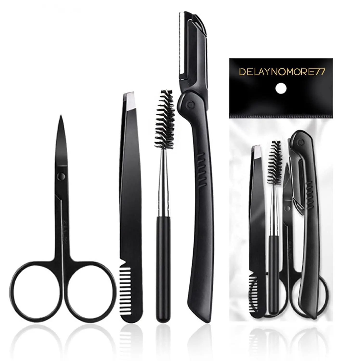 This 4-in-1 eyebrow razor kit for women and men includes a razor, tweezers, scissors, and eyelash roller for safe, effective, and painless grooming.