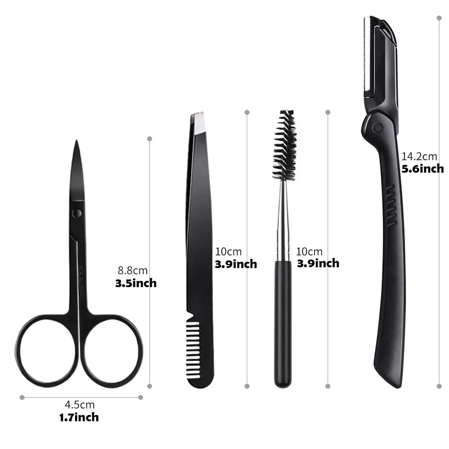 This 4-in-1 eyebrow razor kit for women and men includes a razor, tweezers, scissors, and eyelash roller for safe, effective, and painless grooming.