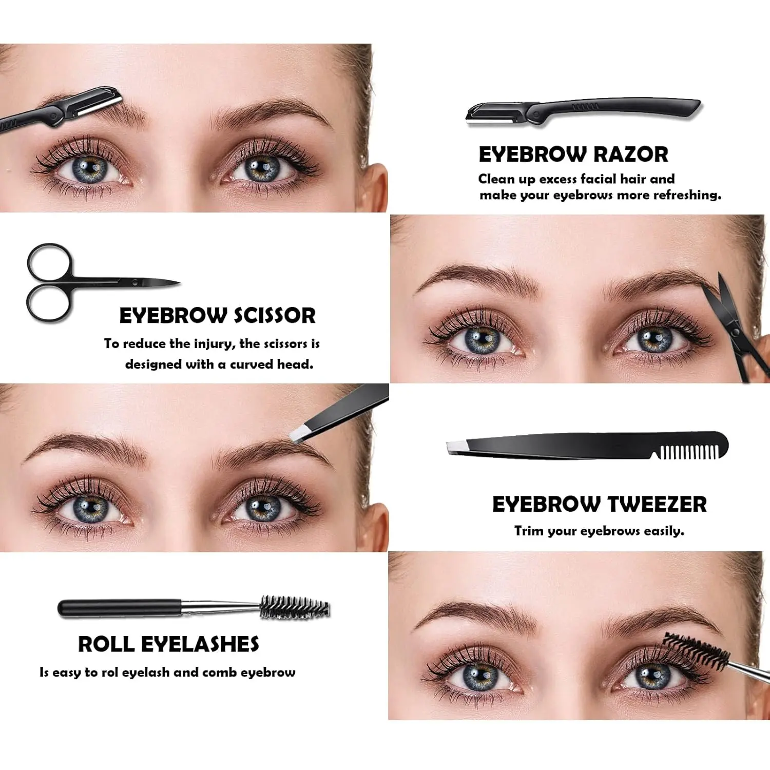 This 4-in-1 eyebrow razor kit for women and men includes a razor, tweezers, scissors, and eyelash roller for safe, effective, and painless grooming.