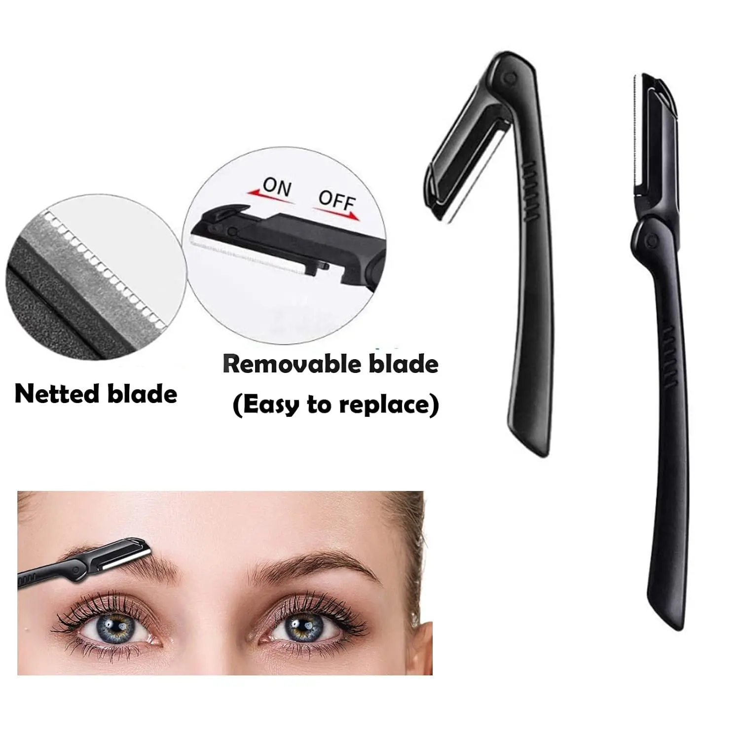 This 4-in-1 eyebrow razor kit for women and men includes a razor, tweezers, scissors, and eyelash roller for safe, effective, and painless grooming.
