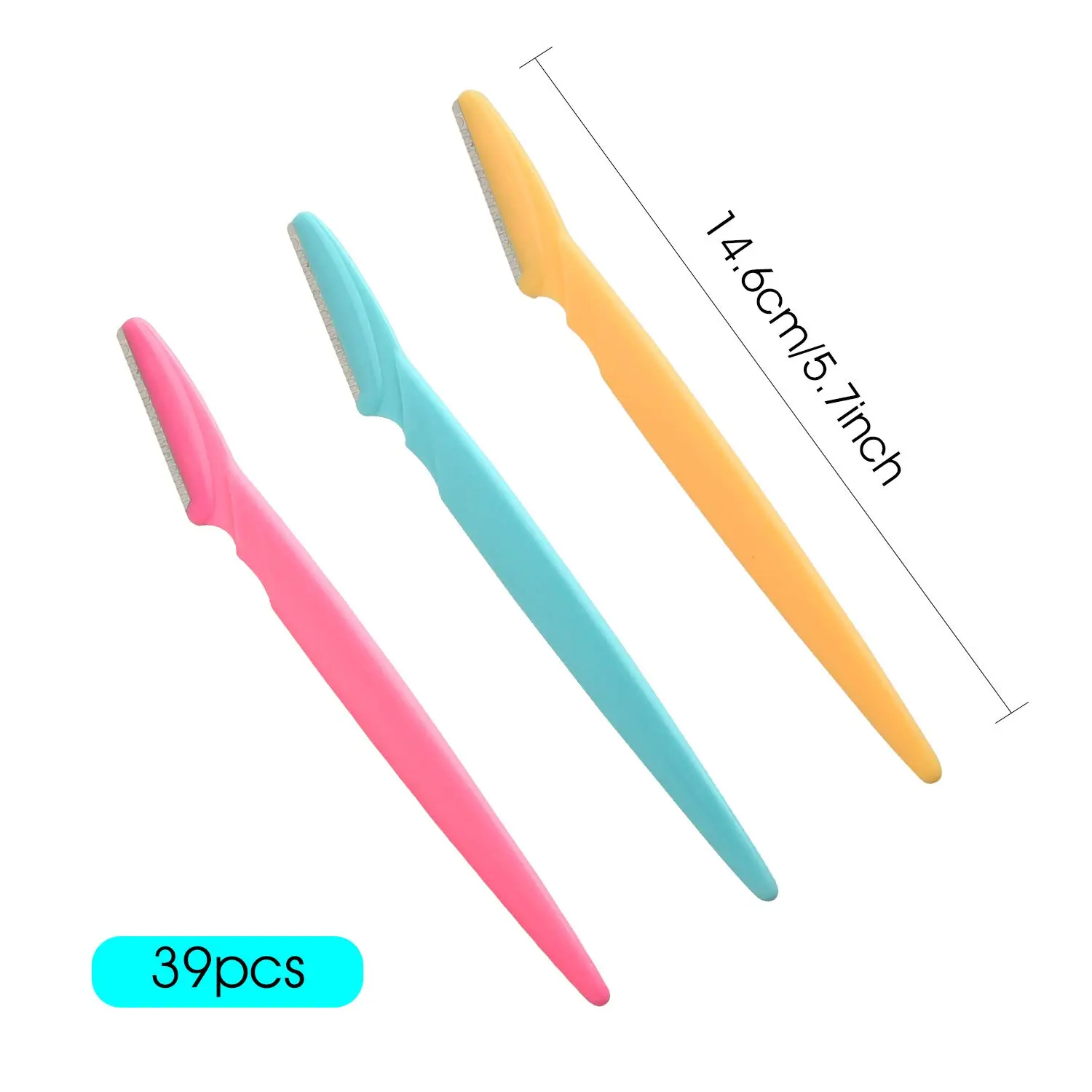 This set contains 39 eyebrow razors for shaping and removing unwanted facial hair, featuring stainless steel blades, safety nets, and curved handles for easy and pain-free use by both women and men.