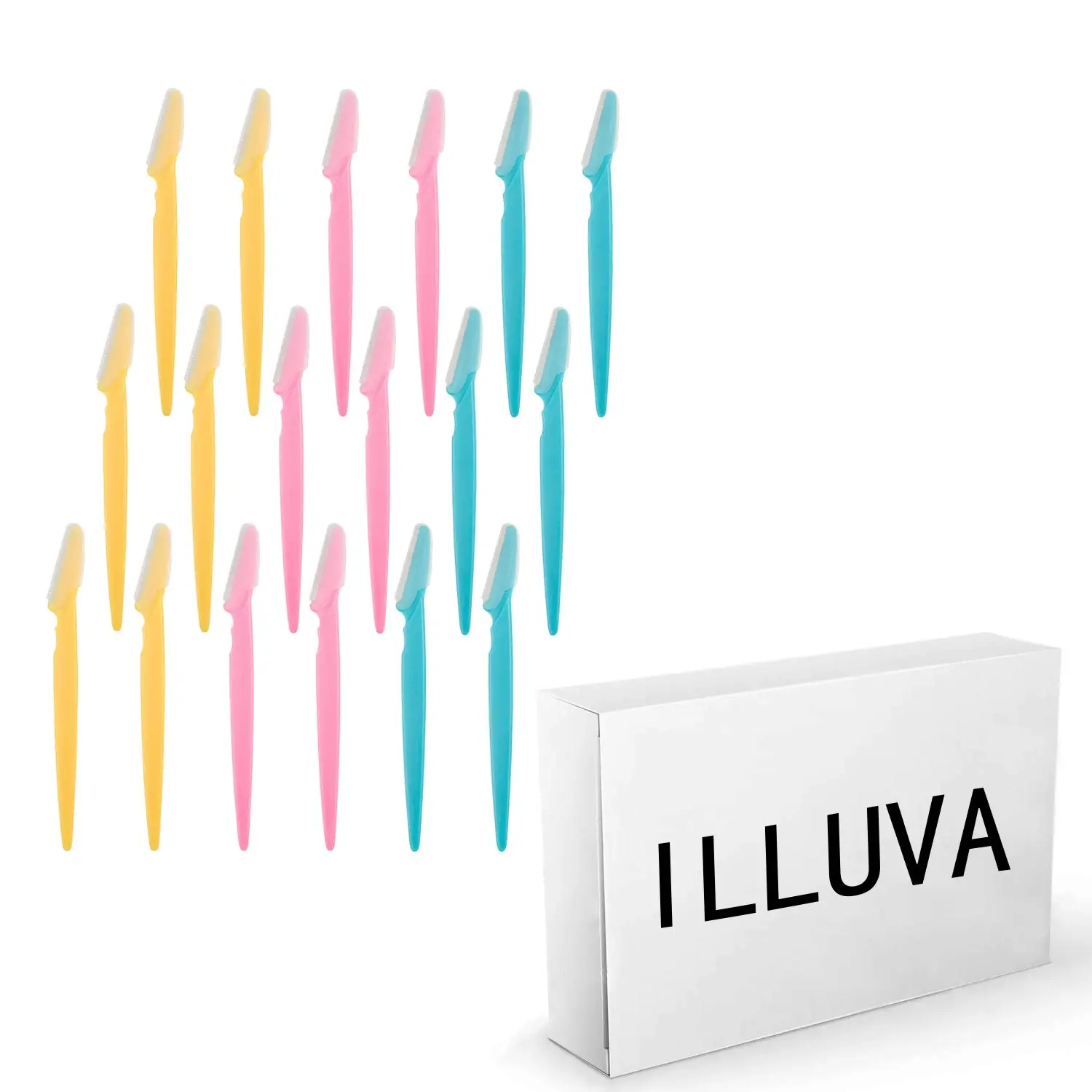 This set of 18 eyebrow razors in blue, pink, and yellow provides a safe and effective way to remove facial hair, shape eyebrows, exfoliate skin, and perform dermaplaning at home.