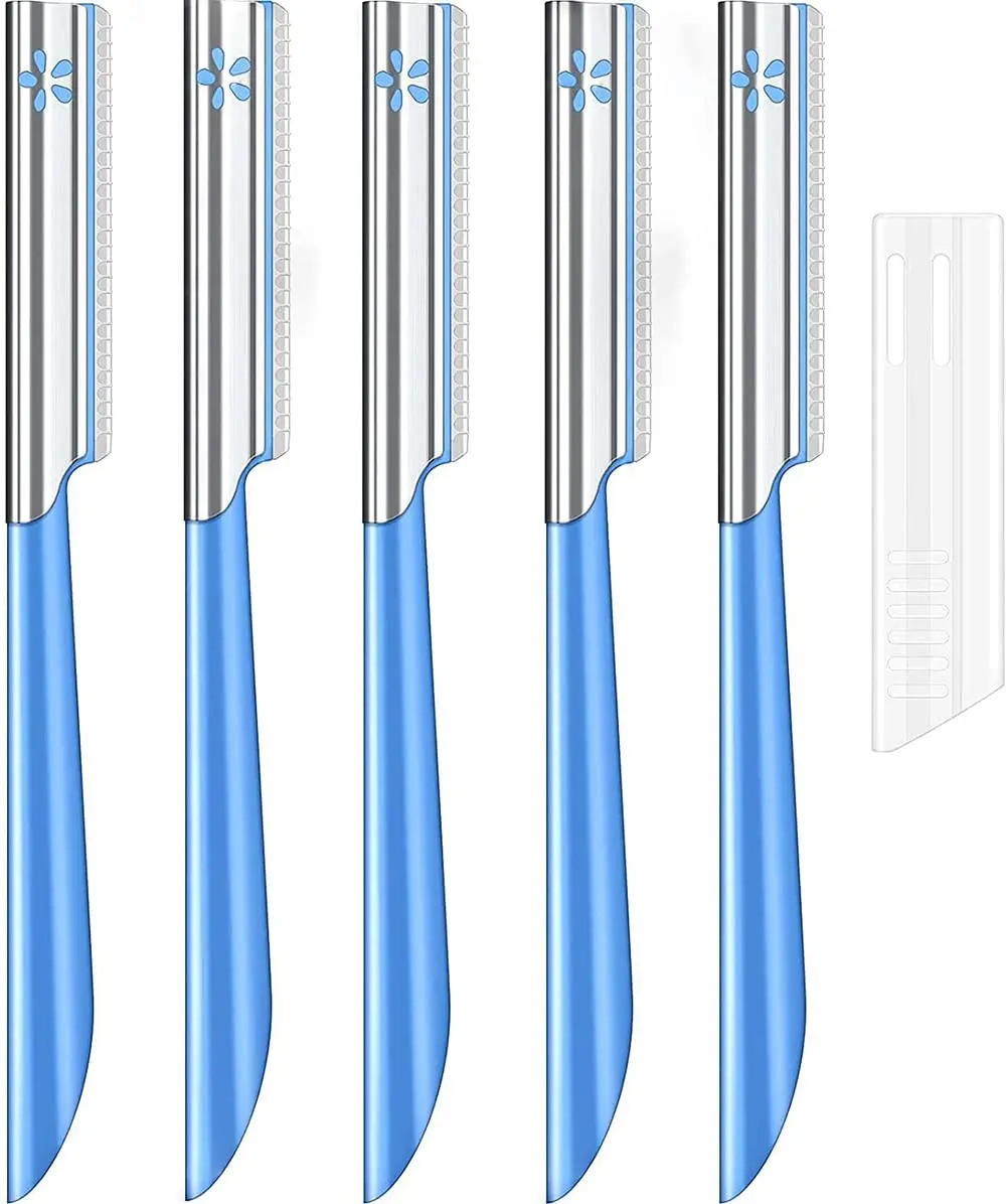Steel eyebrow razors and dermaplaning tool for shaping eyebrows and removing unwanted facial hair on women and men.