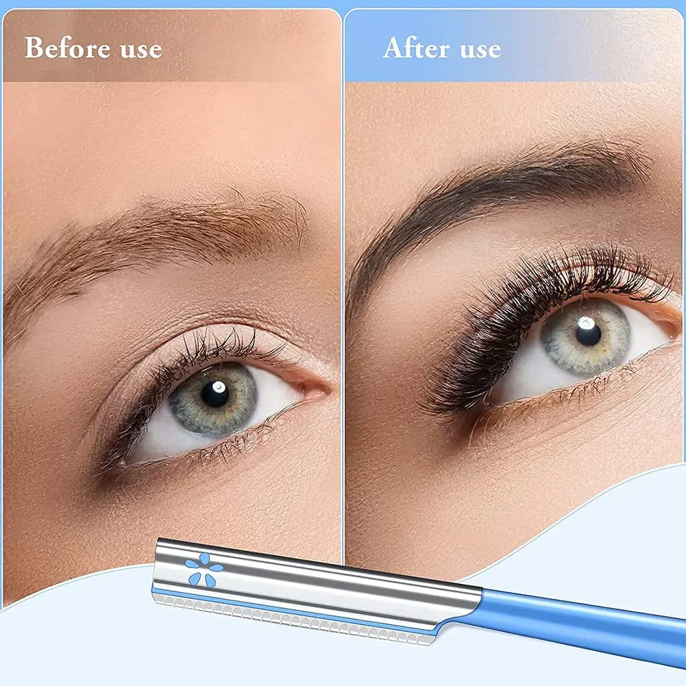 Steel eyebrow razors and dermaplaning tool for shaping eyebrows and removing unwanted facial hair on women and men.