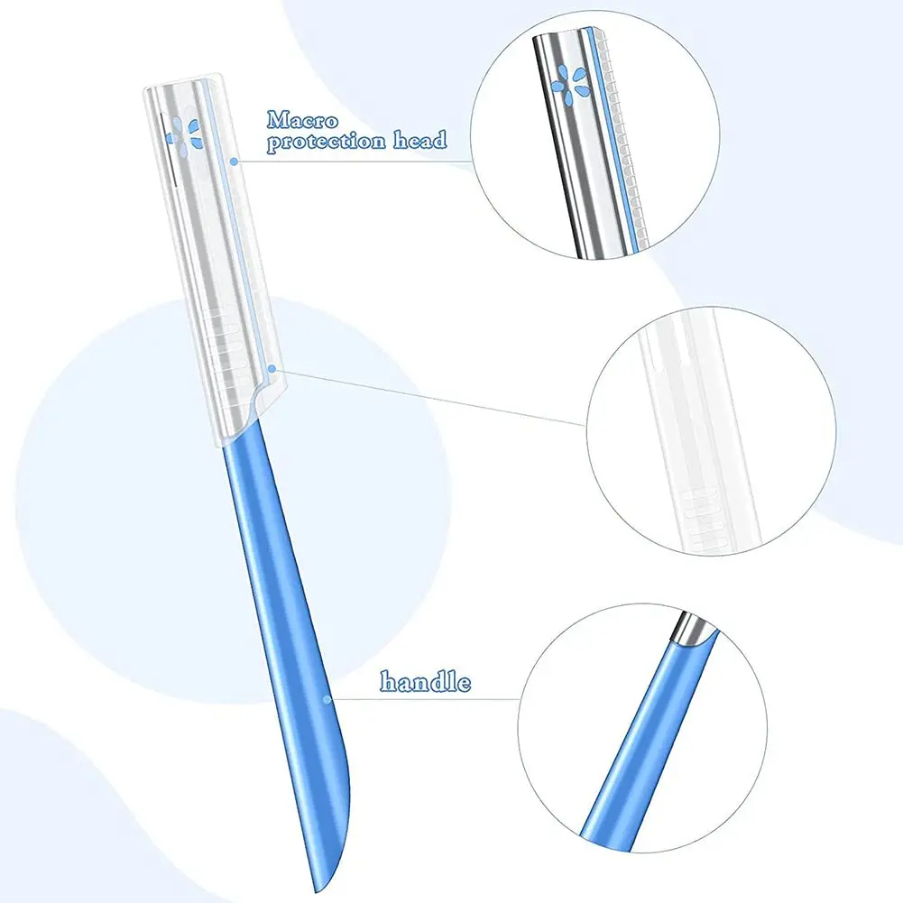 Steel eyebrow razors and dermaplaning tool for shaping eyebrows and removing unwanted facial hair on women and men.