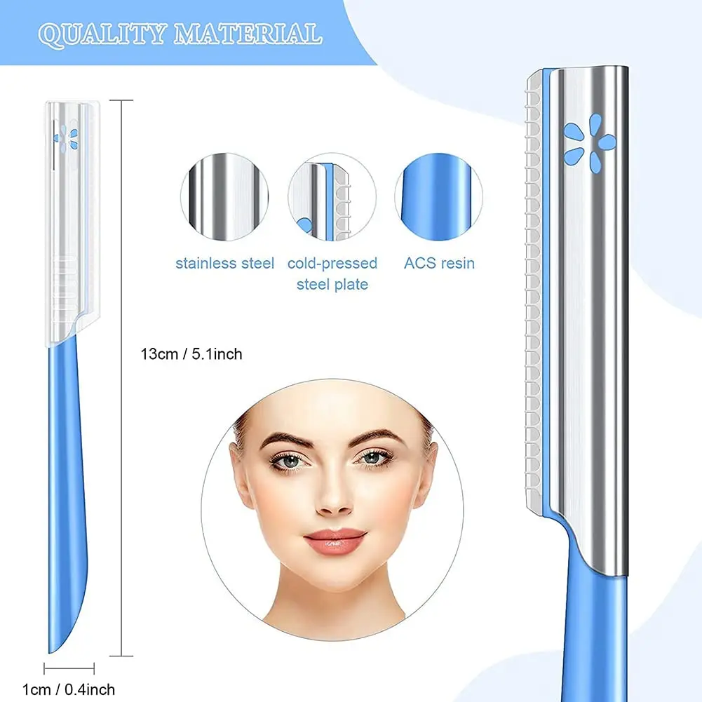 Steel eyebrow razors and dermaplaning tool for shaping eyebrows and removing unwanted facial hair on women and men.