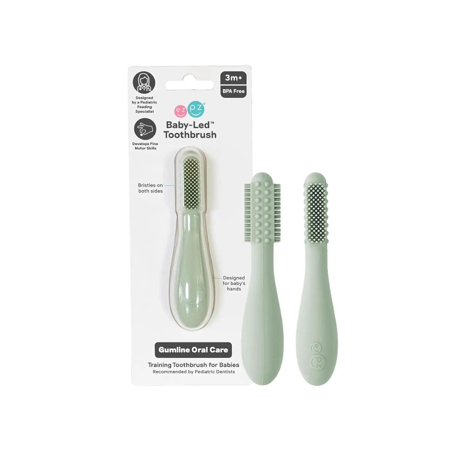 Sage-colored silicone baby toothbrush designed for infants 3+ months with an easy-grip handle and sensory bumps for early oral care.