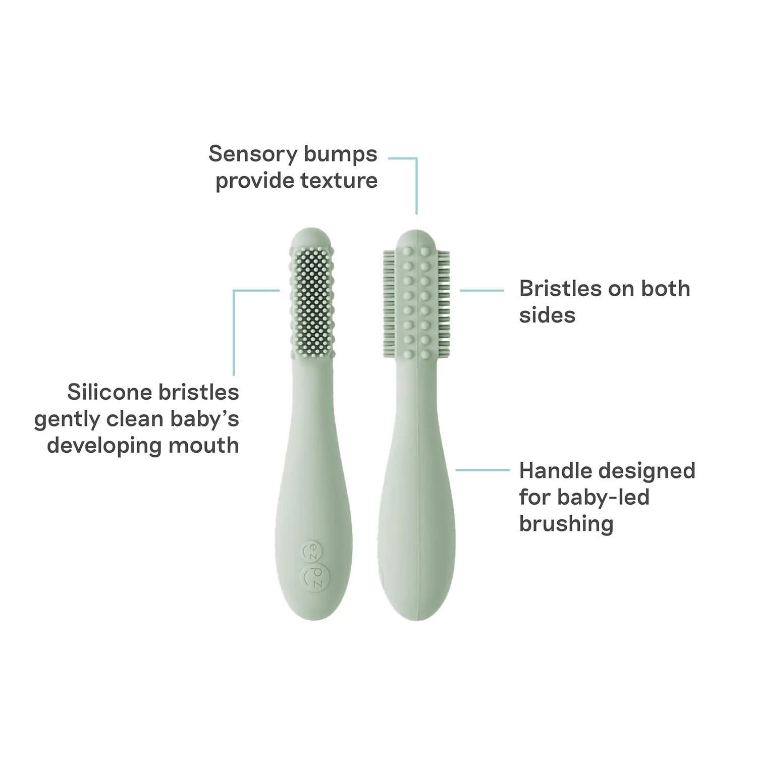 Sage-colored silicone baby toothbrush designed for infants 3+ months with an easy-grip handle and sensory bumps for early oral care.