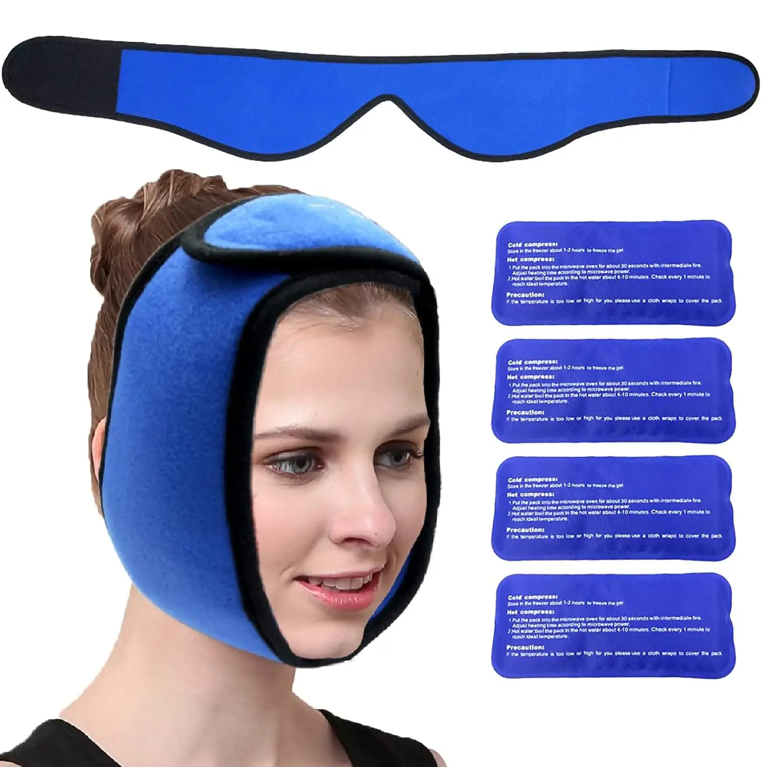 Blue face ice pack wrap with four reusable gel packs, designed for hot and cold therapy to relieve TMJ pain, wisdom teeth extraction discomfort, and facial swelling.