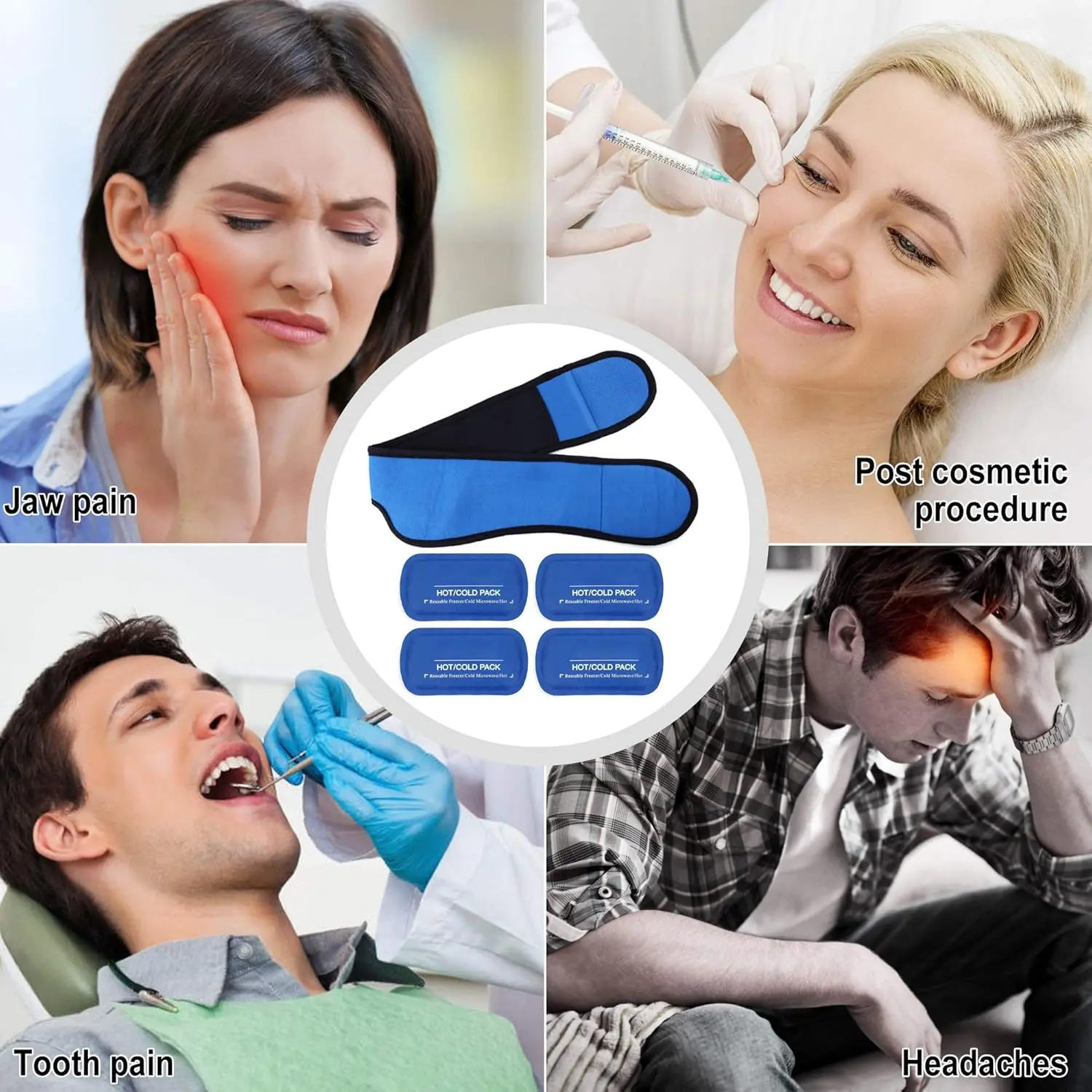 Blue face ice pack wrap with four reusable gel packs, designed for hot and cold therapy to relieve TMJ pain, wisdom teeth extraction discomfort, and facial swelling.