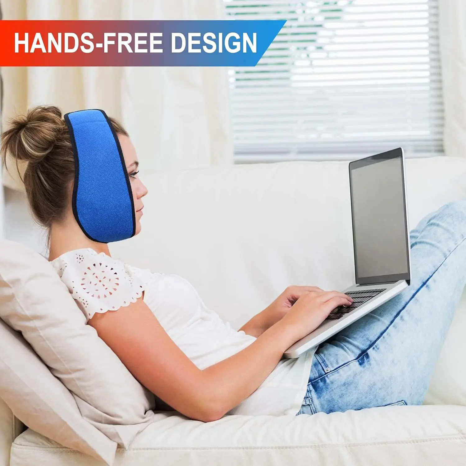 Blue face ice pack wrap with four reusable gel packs, designed for hot and cold therapy to relieve TMJ pain, wisdom teeth extraction discomfort, and facial swelling.