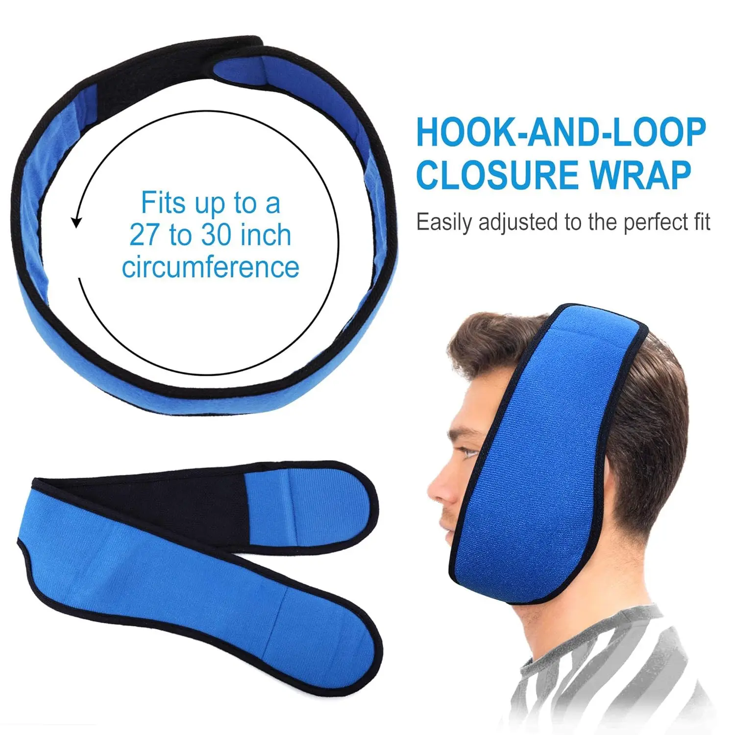 Blue face ice pack wrap with four reusable gel packs, designed for hot and cold therapy to relieve TMJ pain, wisdom teeth extraction discomfort, and facial swelling.