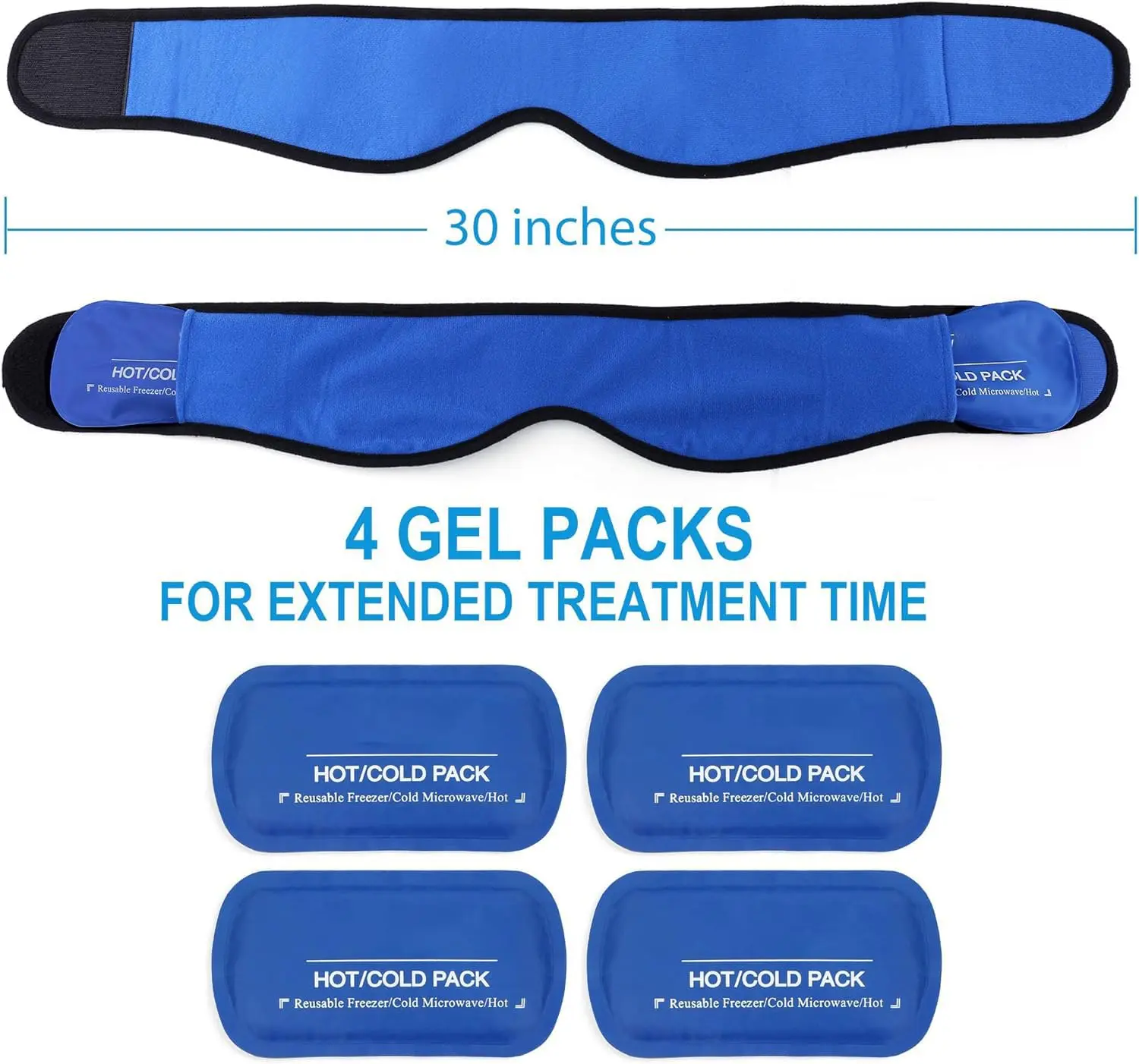 Blue face ice pack wrap with four reusable gel packs, designed for hot and cold therapy to relieve TMJ pain, wisdom teeth extraction discomfort, and facial swelling.