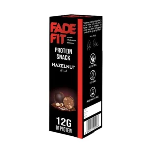 A single serving of Fade Fit hazelnut protein balls, a natural and gluten-free snack containing 12g of protein.