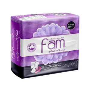 Fam maxi thick sanitary napkin with wings for nighttime use, providing natural cotton feel and reliable protection.