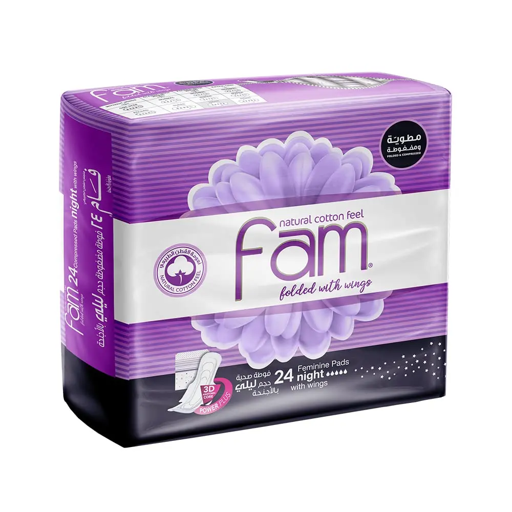 Fam maxi thick sanitary napkin with wings for nighttime use, providing natural cotton feel and reliable protection.