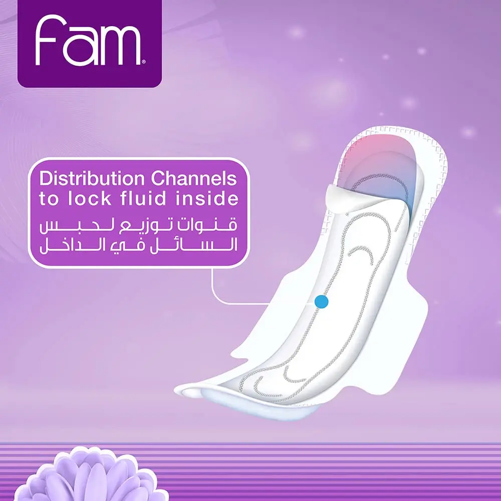 Fam maxi thick sanitary napkin with wings for nighttime use, providing natural cotton feel and reliable protection.
