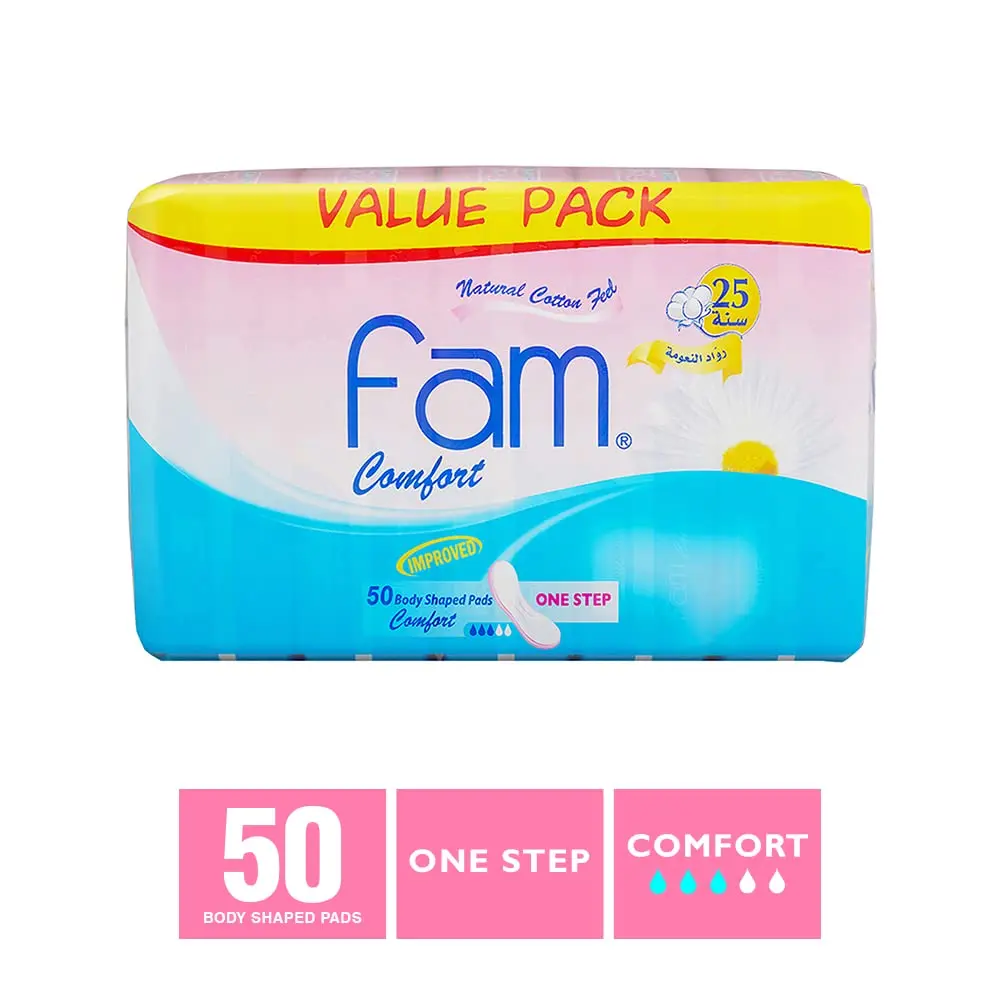 Fam One Step maxi thick super sanitary pads with a natural cotton feel, high absorbency, and soft top sheet to protect against irritation.