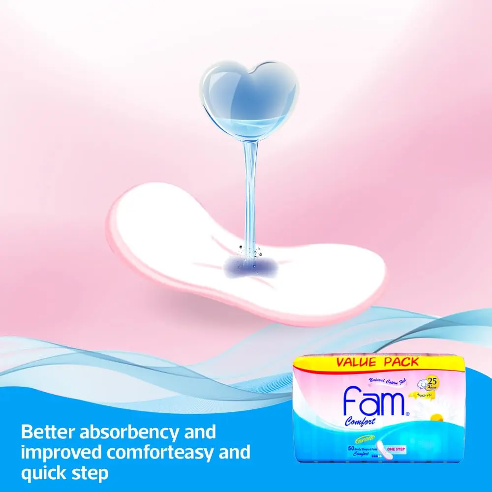 Fam One Step maxi thick super sanitary pads with a natural cotton feel, high absorbency, and soft top sheet to protect against irritation.