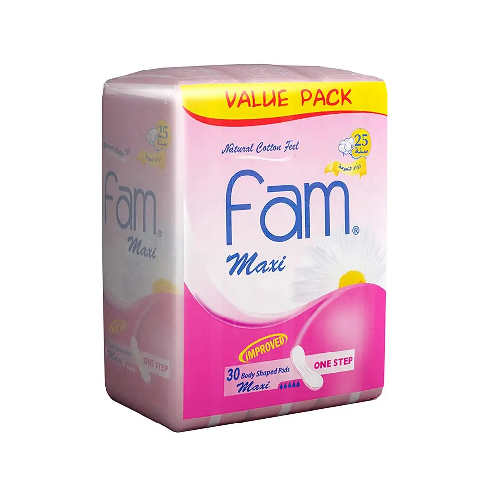 Fam One Step maxi thick super sanitary pads with a natural cotton feel, offering high absorbency and a soft, flexible design for comfortable, leak-proof protection all day.