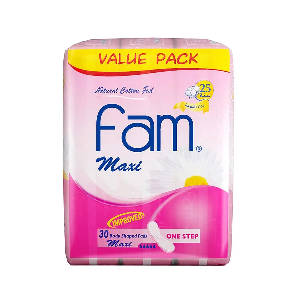 Fam One Step maxi thick super sanitary pads with a natural cotton feel, offering high absorbency and a soft, flexible design for comfortable, leak-proof protection all day.