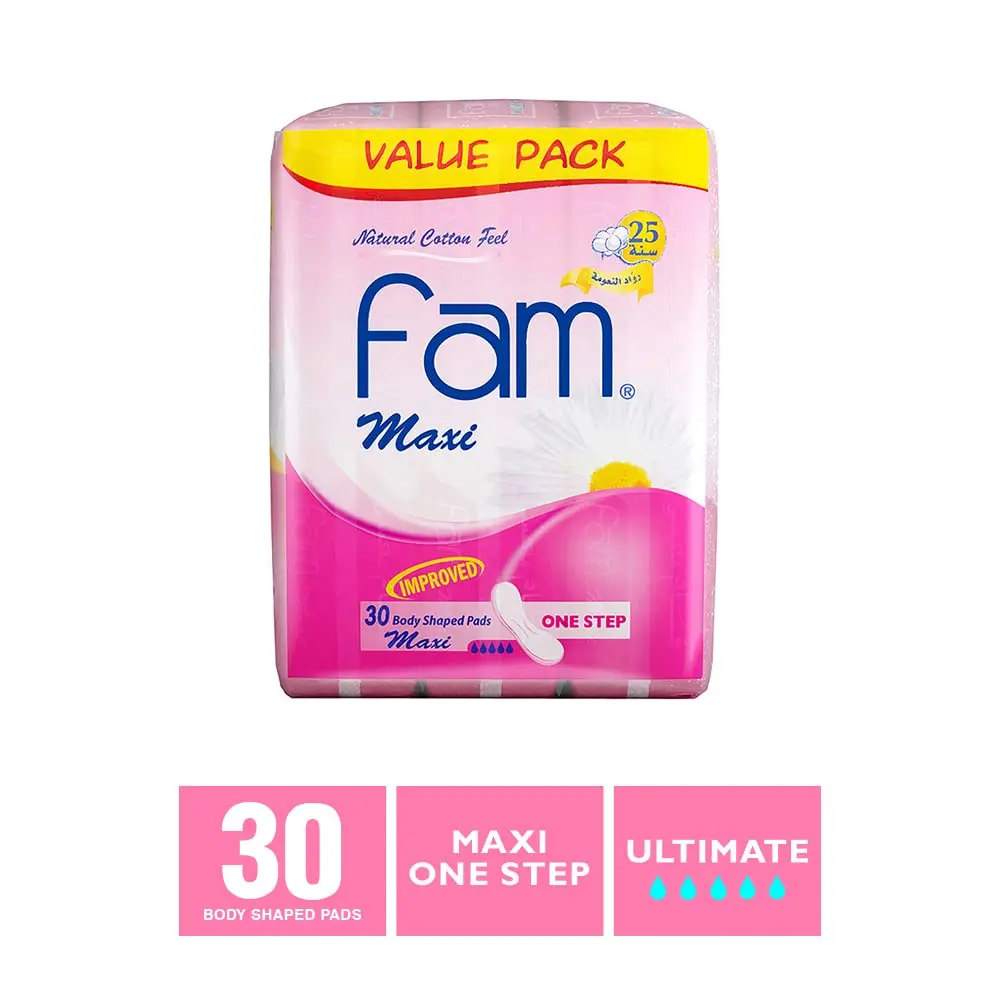 Fam One Step maxi thick super sanitary pads with a natural cotton feel, offering high absorbency and a soft, flexible design for comfortable, leak-proof protection all day.
