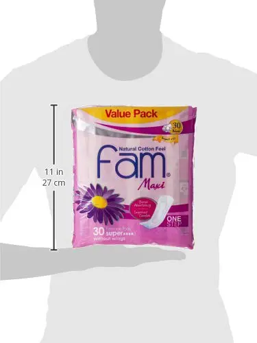 Fam One Step maxi thick super sanitary pads with a natural cotton feel, offering high absorbency and a soft, flexible design for comfortable, leak-proof protection all day.