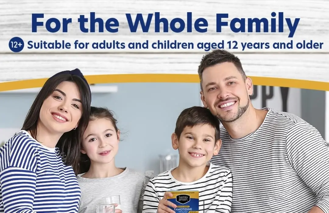 Two bottles of Berkley and Jensen Maximum Strength Famotidine 20mg tablets for heartburn relief are shown.