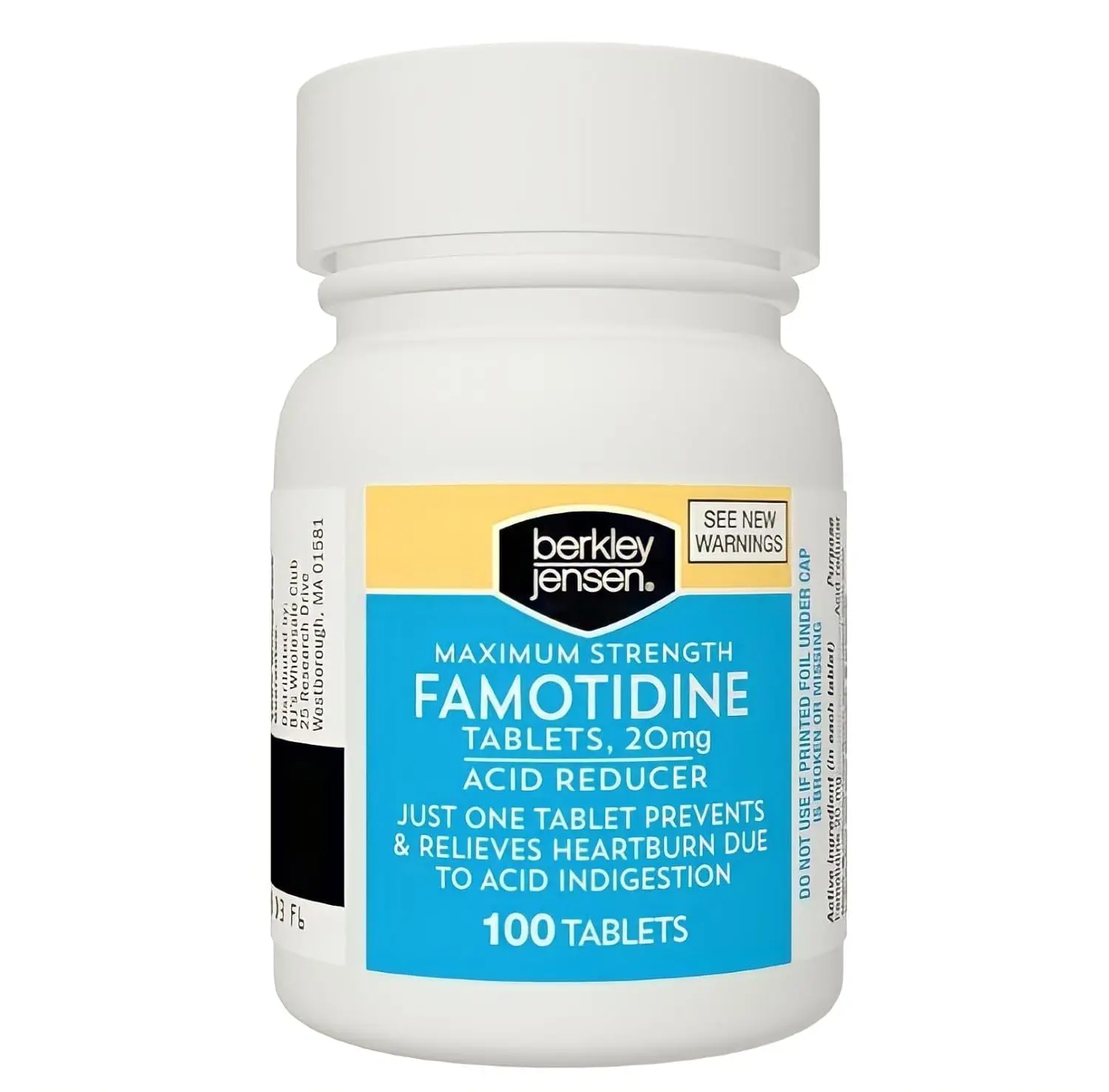 Two bottles of Berkley and Jensen Maximum Strength Famotidine 20mg tablets for heartburn relief are shown.