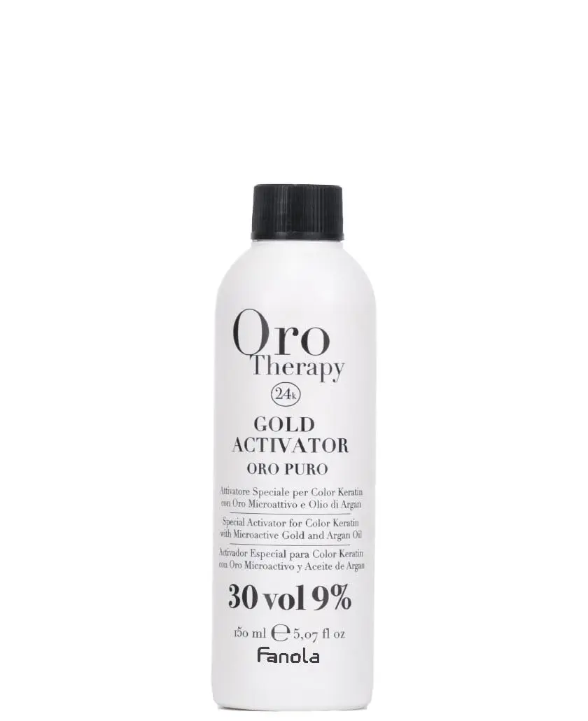 Fanola Oro Puro Gold Activator 30 Vol for hair lightening and coloring, 150ml bottle.