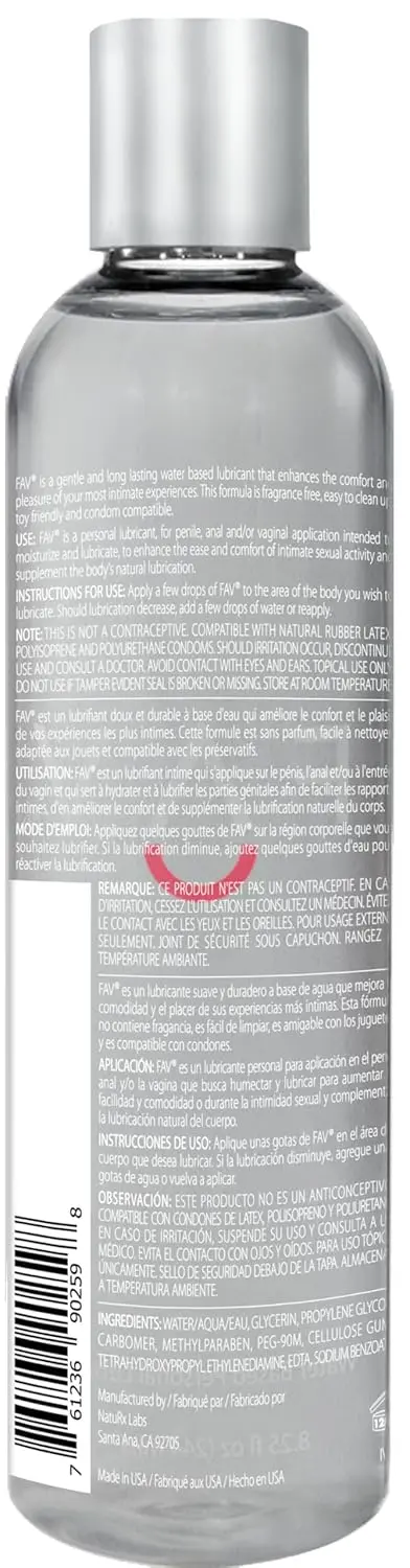 A bottle of FAV Water Based Lubricant, hygienically packaged and formulated with care, to enhance pleasure.