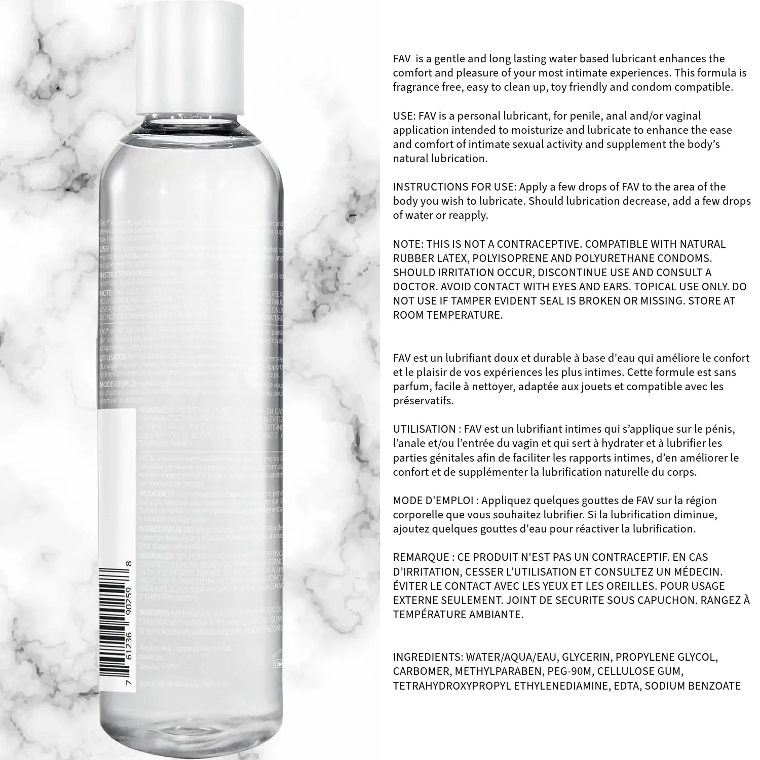 A bottle of FAV Water Based Lubricant, hygienically packaged and formulated with care, to enhance pleasure.